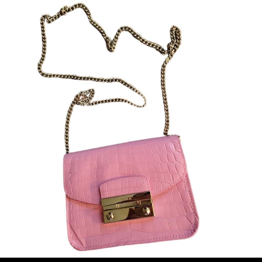 FURLA | Metropolis in Croc-printed Bubble Gum Pink Leather ShoulderCrossbody Bag